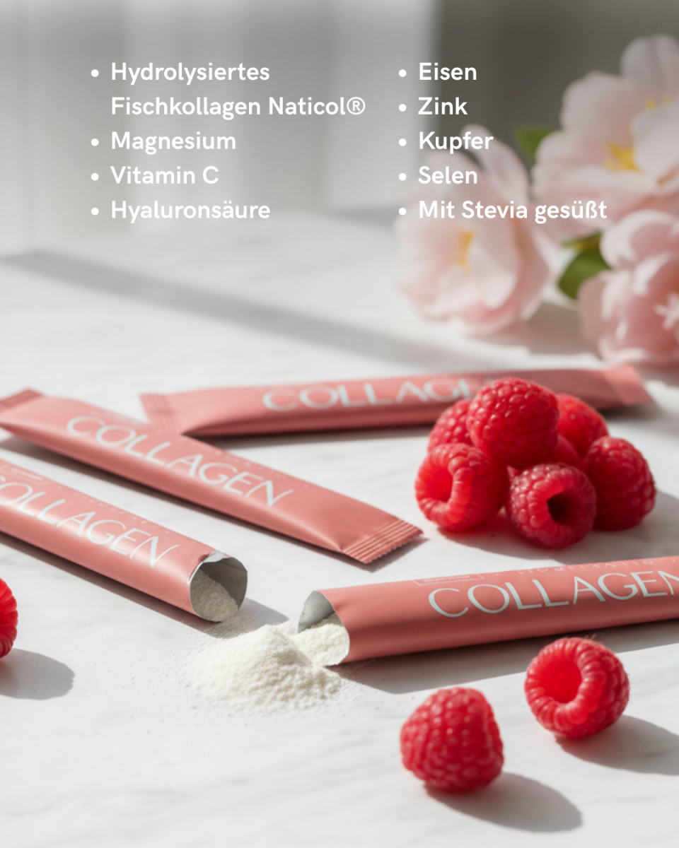 Premium-Kollagengetränk in Portionsbeuteln und in Wasser aufgelöst mit Himbeeren drapiert.