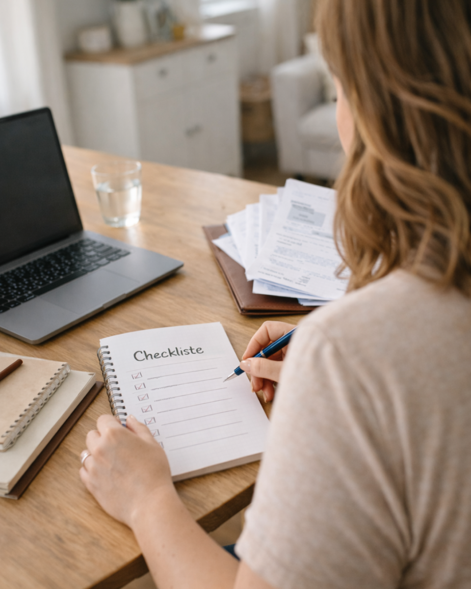 Eine Frau sitzt am Schreibtisch, mit einer Checkliste. Sie sammelt alle wichtigen Unterlagen, die sie für die Steuererklärung benötigt, um die Kosten ihrer Lipödem Operation geltend zu machen.