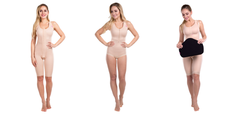 Hier sind drei Produktfotos nebeneinander abgebildet. Eine Frau (links) trägt das Kompressionsmieder MGF Variant von LIPOELASTIC in beige. In der Mitte ist eine Frau, die das Kompressionsmieder MH special Comfort trägt in beige und rechts von ihm steht eine Frau mit dem KPad in der Hand in schwarz.